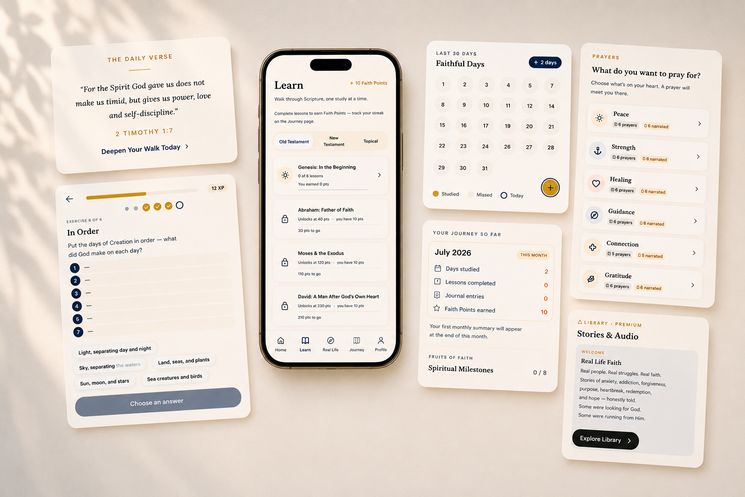 Closer to God app screens: daily verse, journey, prayers, and stories